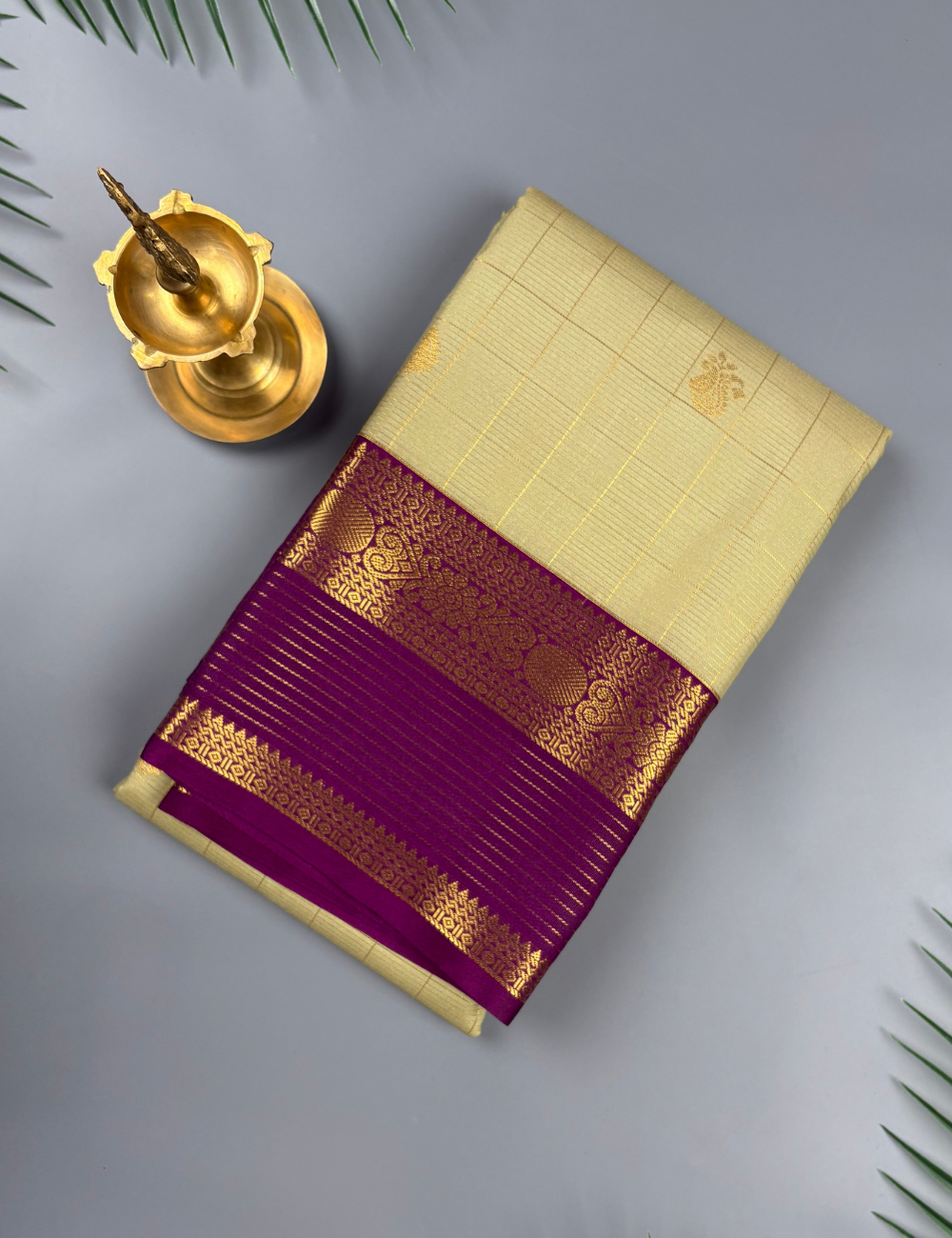 Elachi Green Soft Semi Silk Kanjivaram Saree with Violet Korvai Gold Zari Border
