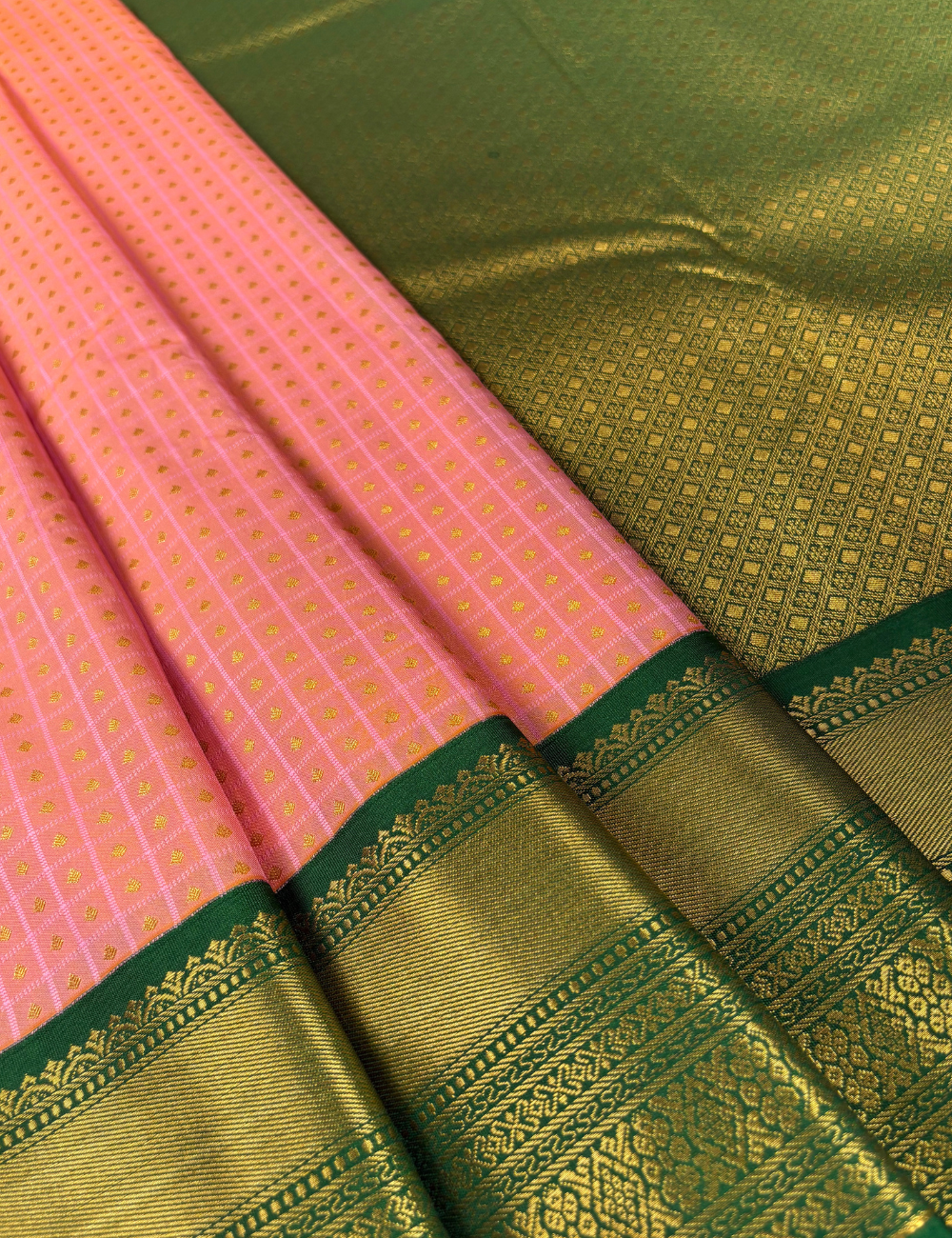 Peach Pink Soft Semi Silk Kanjivaram with Korvai Emerald Green Zari Border Saree
