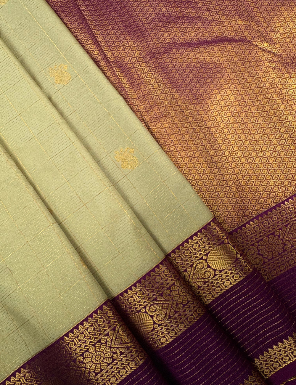 Elachi Green Soft Semi Silk Kanjivaram Saree with Violet Korvai Gold Zari Border