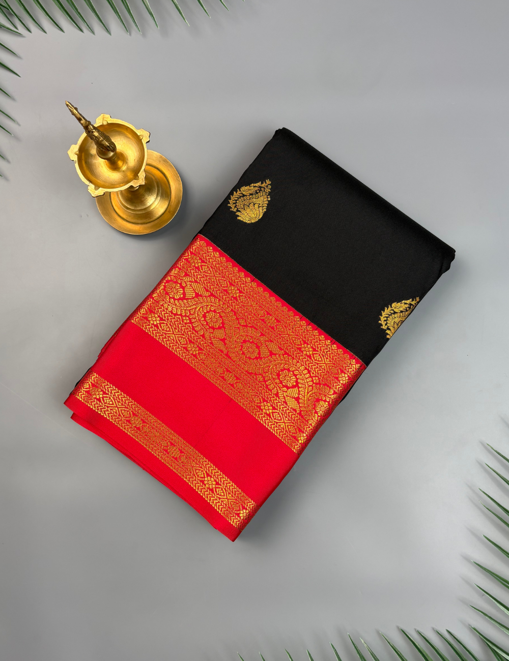 Black Soft Semi Silk Kanjivaram Saree with Red Korvai Border