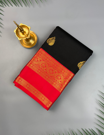 Black Soft Semi Silk Kanjivaram Saree with Red Korvai Border