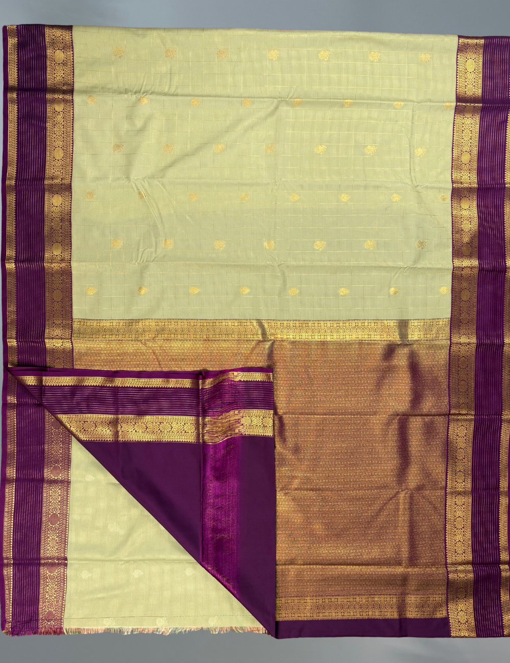 Elachi Green Soft Semi Silk Kanjivaram Saree with Violet Korvai Gold Zari Border