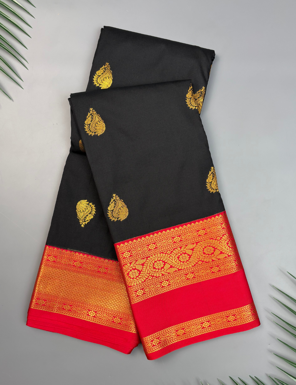 Black Soft Semi Silk Kanjivaram Saree with Red Korvai Border
