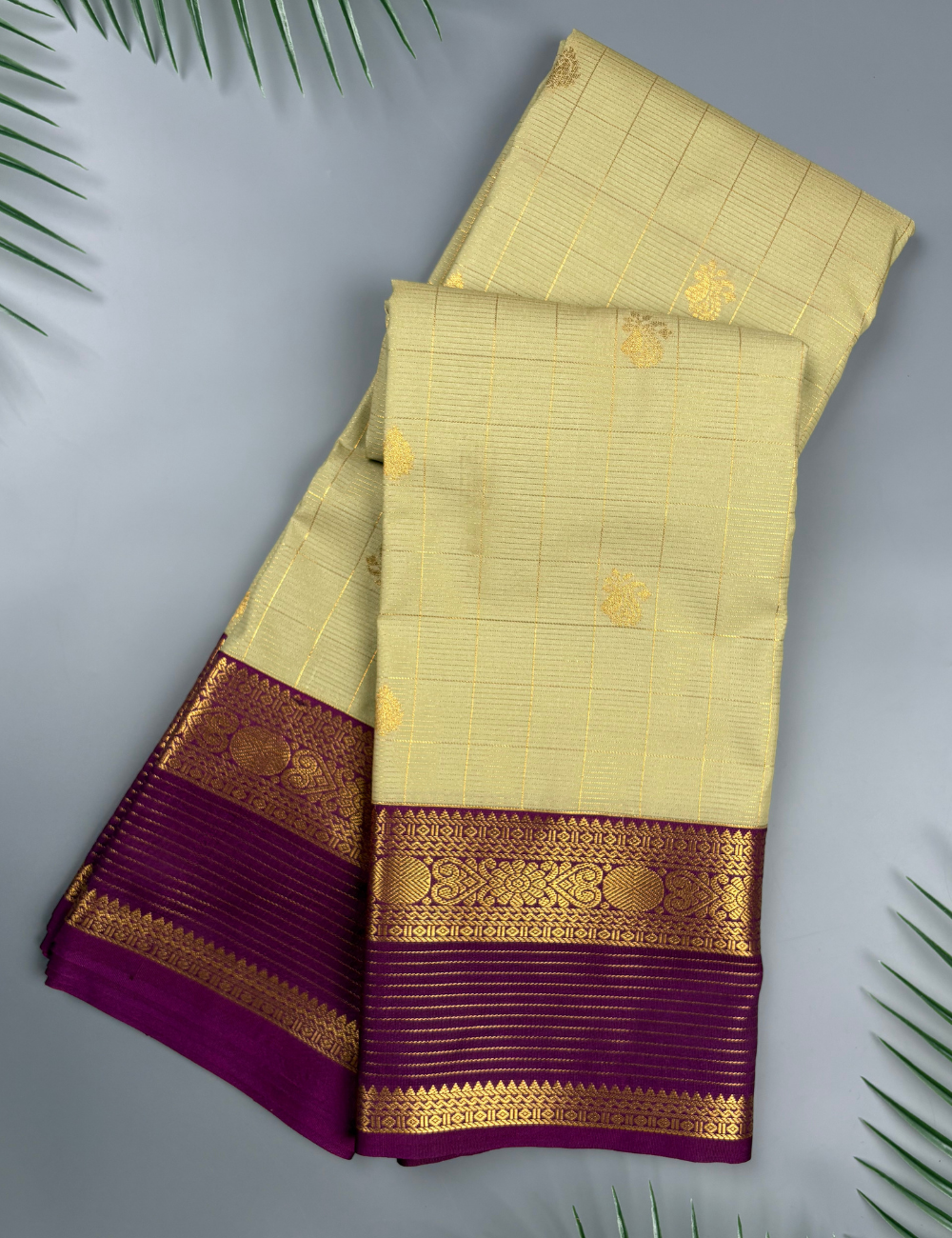 Elachi Green Soft Semi Silk Kanjivaram Saree with Violet Korvai Gold Zari Border