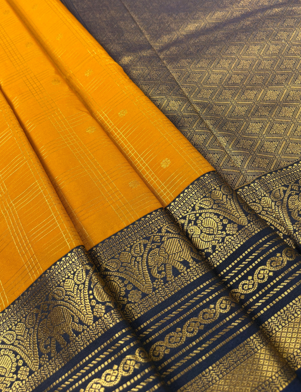 Mustard Yellow Soft Semi Silk Kanjivaram Saree with Navy Blue Border