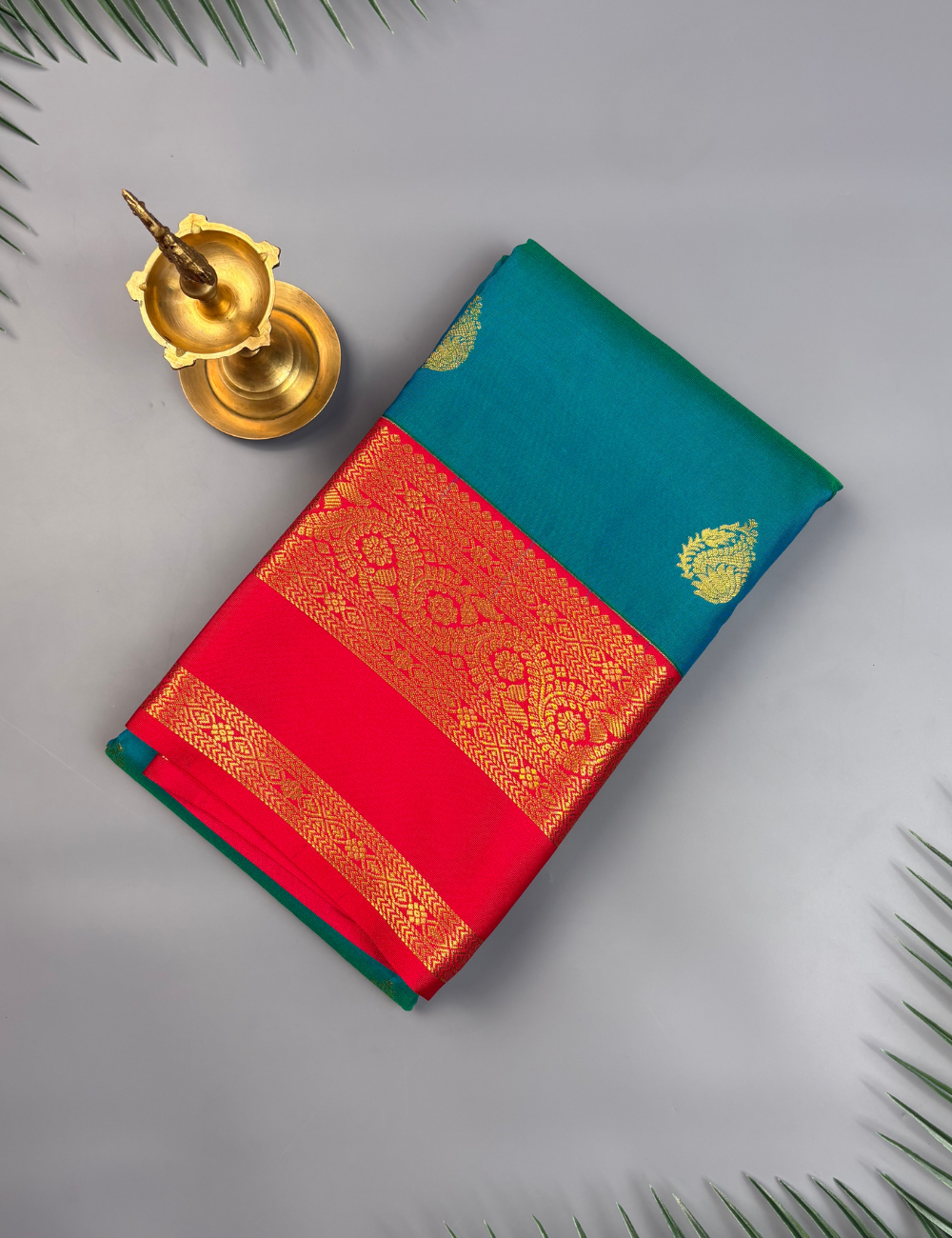 Peacock Blue Soft Semi Silk Kanjivaram Saree with Vibrant Coral Red Border