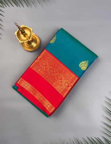 Peacock Blue Soft Semi Silk Kanjivaram Saree with Vibrant Coral Red Border