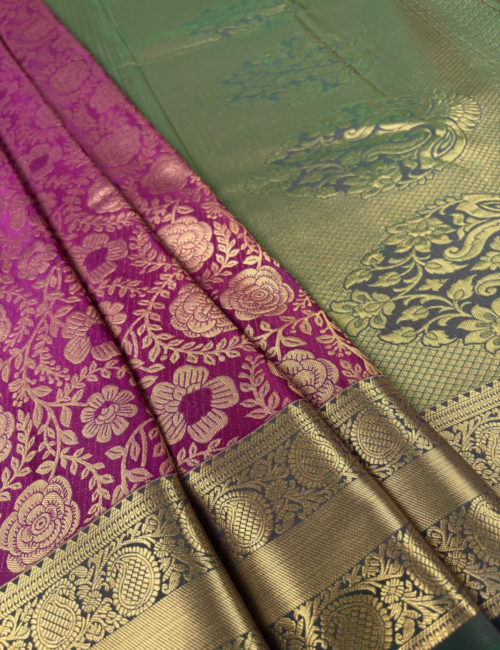 Majestic Wine Purple Floral Brocade Soft Semi Silk Saree with Antique Gold Zari Border