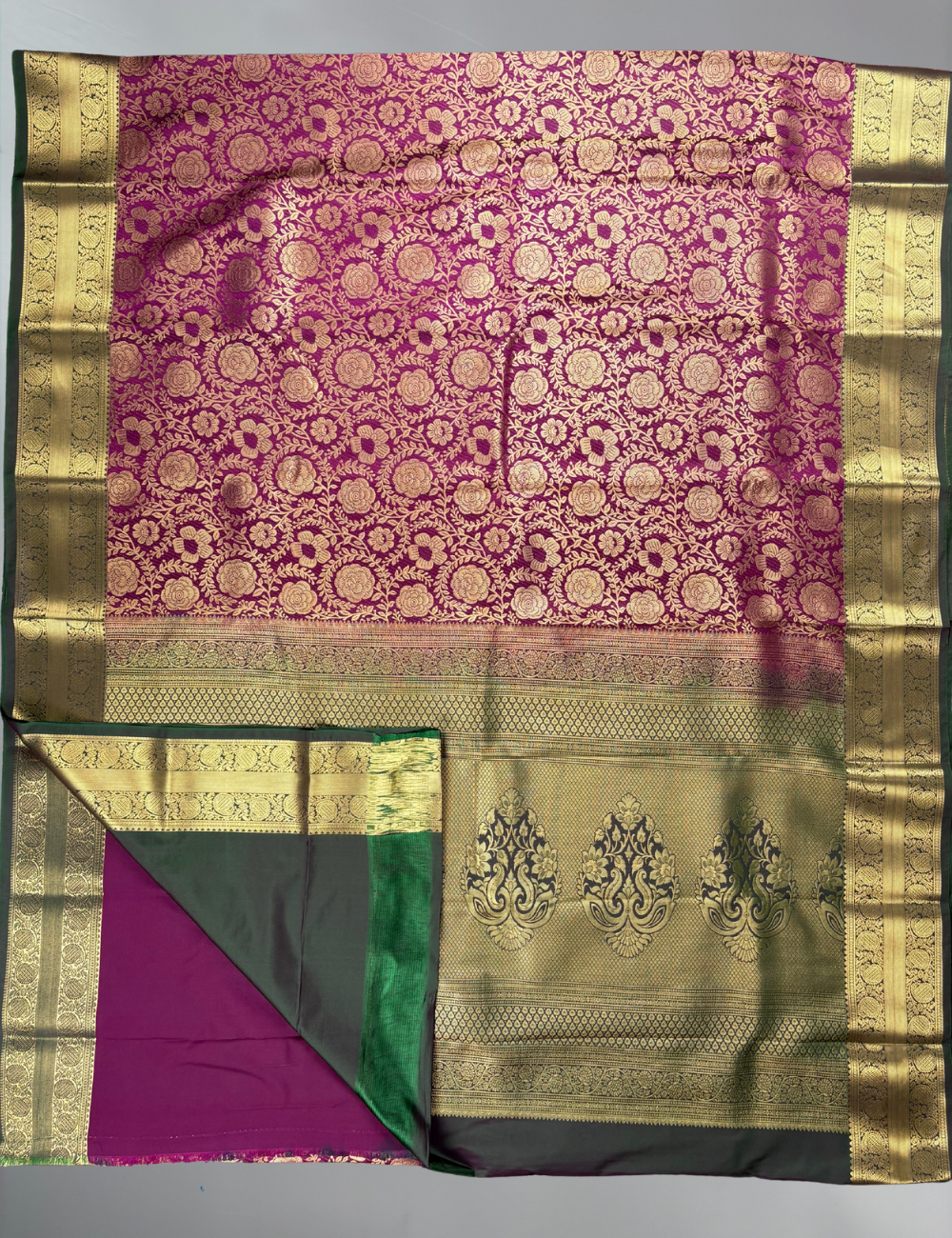 Majestic Wine Purple Floral Brocade Soft Semi Silk Saree with Antique Gold Zari Border