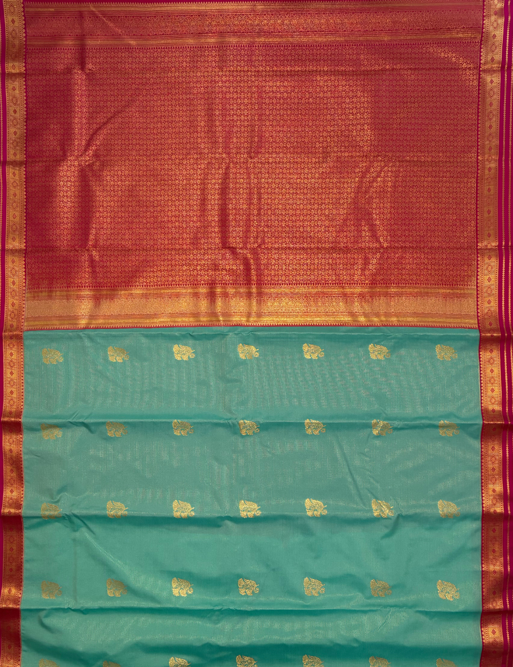 Sea Blue Soft Semi Silk Kanjivaram Saree with Korvai Rani Rose Border