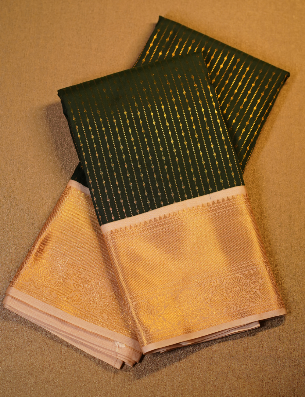 Bottle Green Soft Semi Silk Kanjivaram Saree with Half white Zari Border