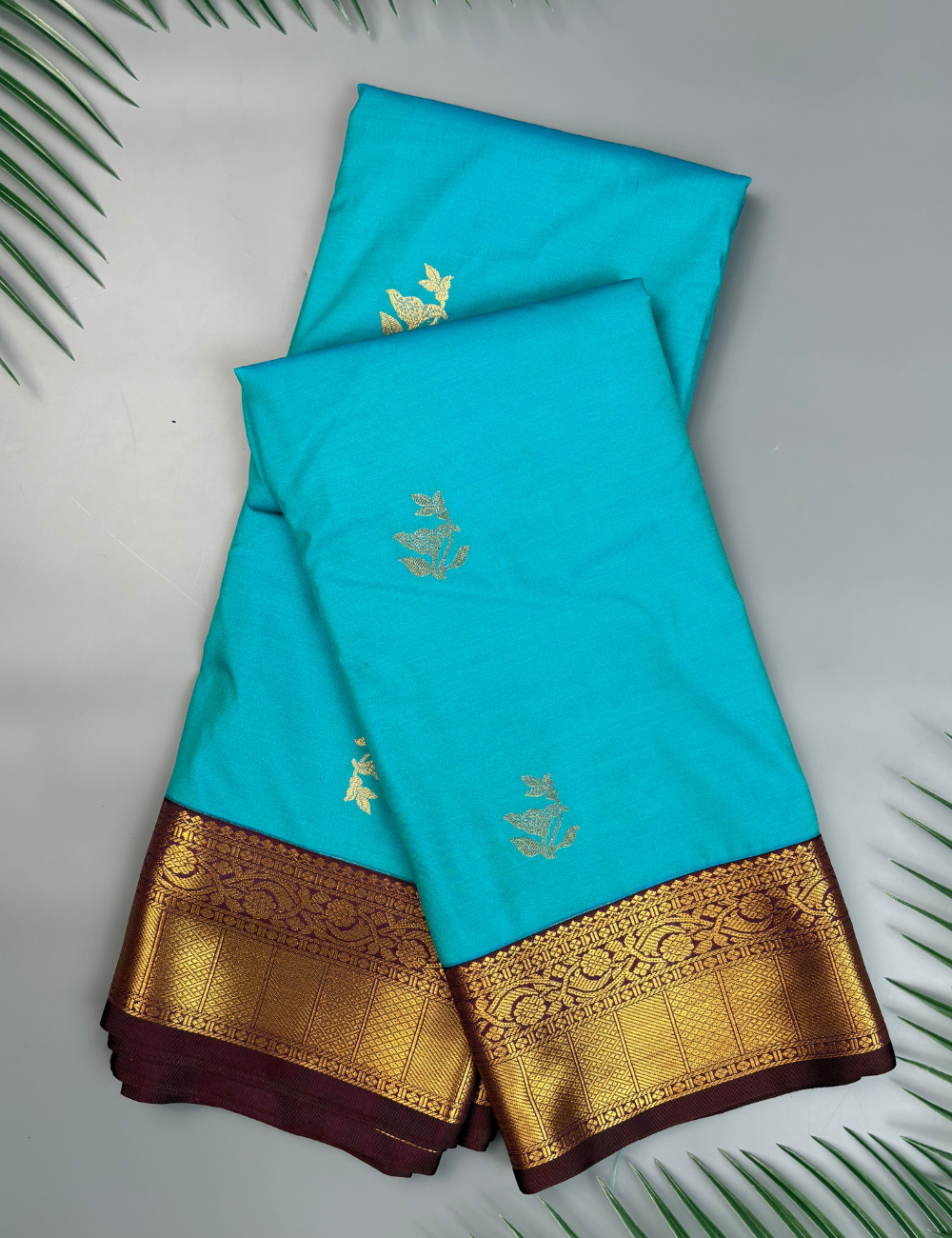 Sky blue Semi Silk Kanjivaram Saree with brown purple Border