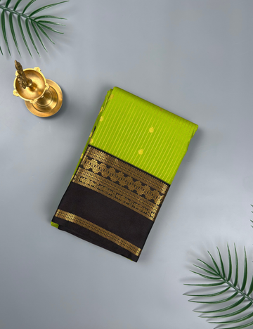 Lime Green Soft Semi Silk Kanjivaram Saree with Deep Purple Korvai Gold Zari Silk Saree