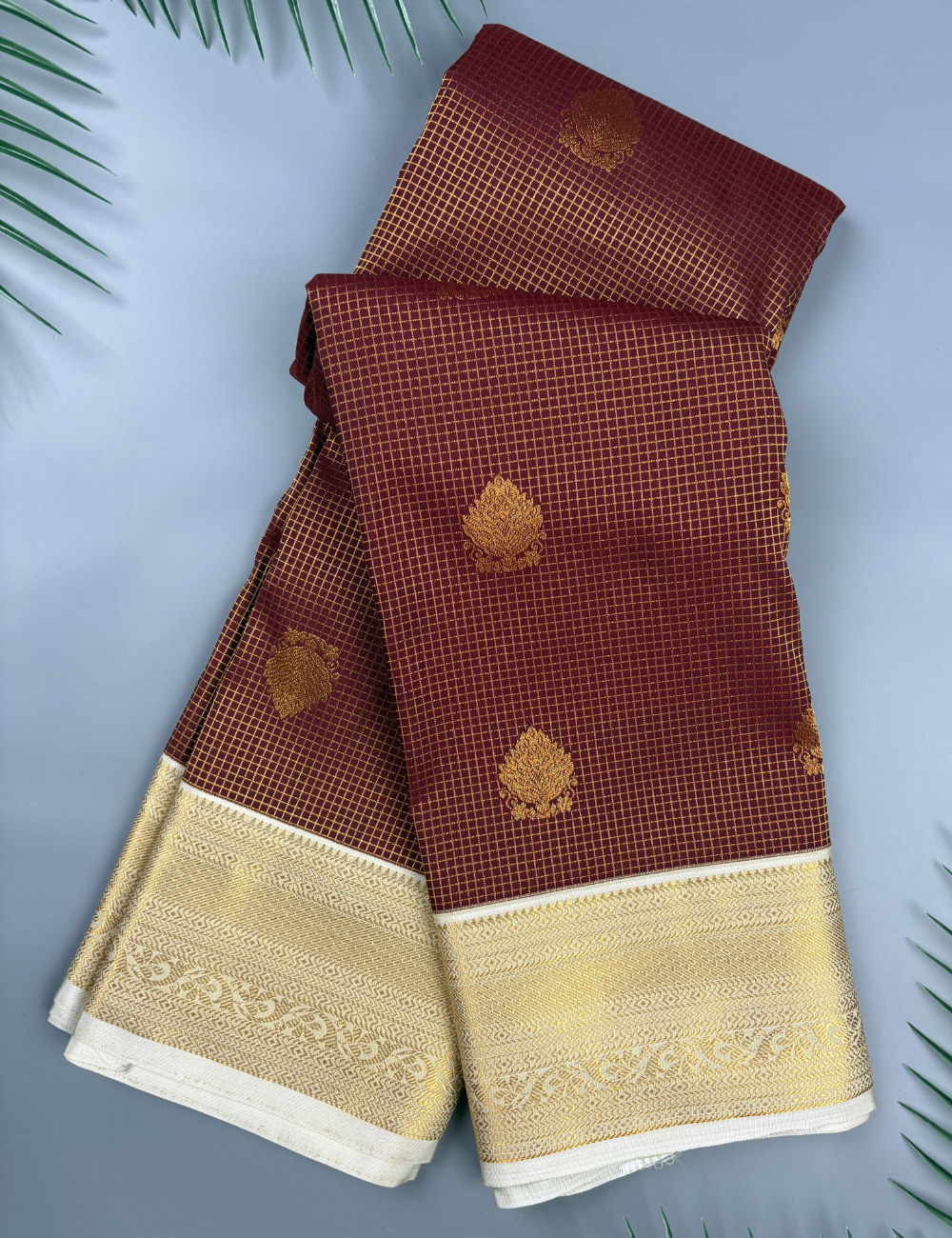 Brown Kanjivaram Semi Silk Saree with Ivory Gold Zari Border | Traditional Wedding Silk Saree