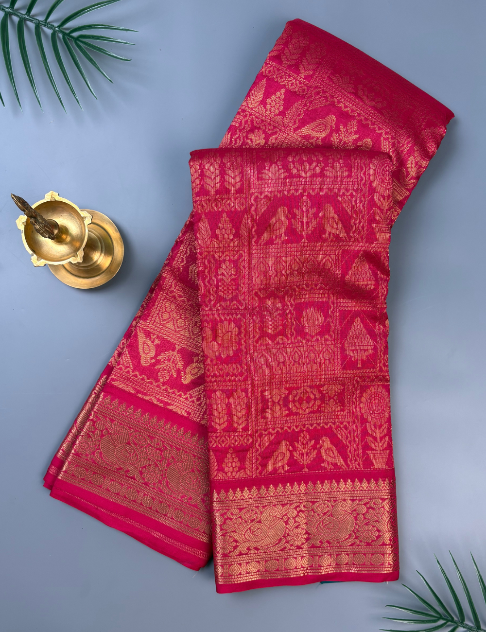 Rose Pink Kanjivaram Silk Cotton Saree with Intricate Gold Zari Floral Weave