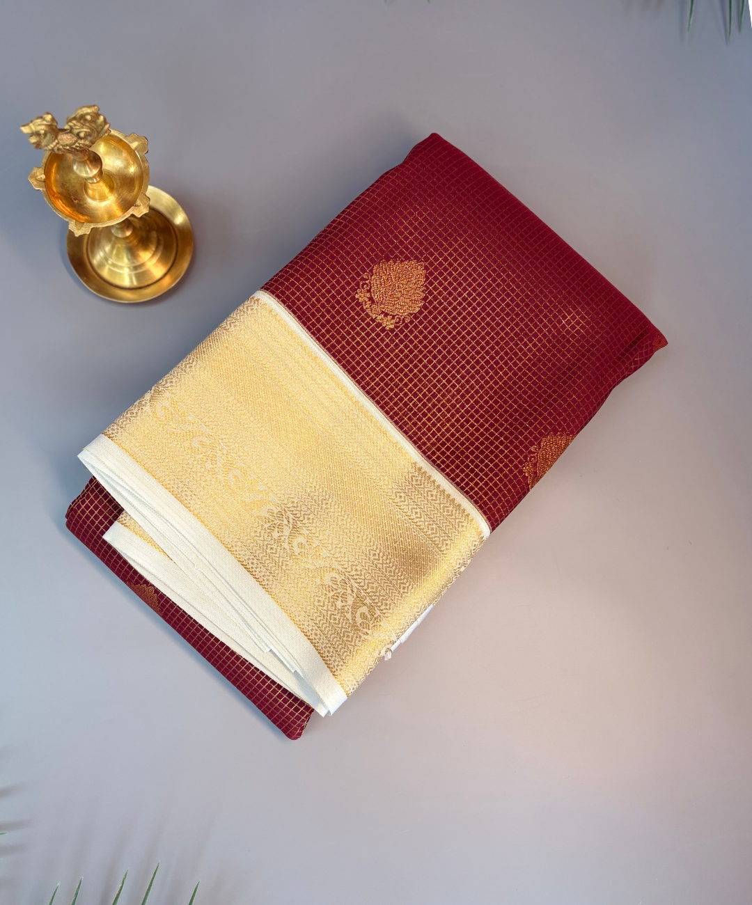 Brown Kanjivaram Semi Silk Saree with Ivory Gold Zari Border | Traditional Wedding Silk Saree