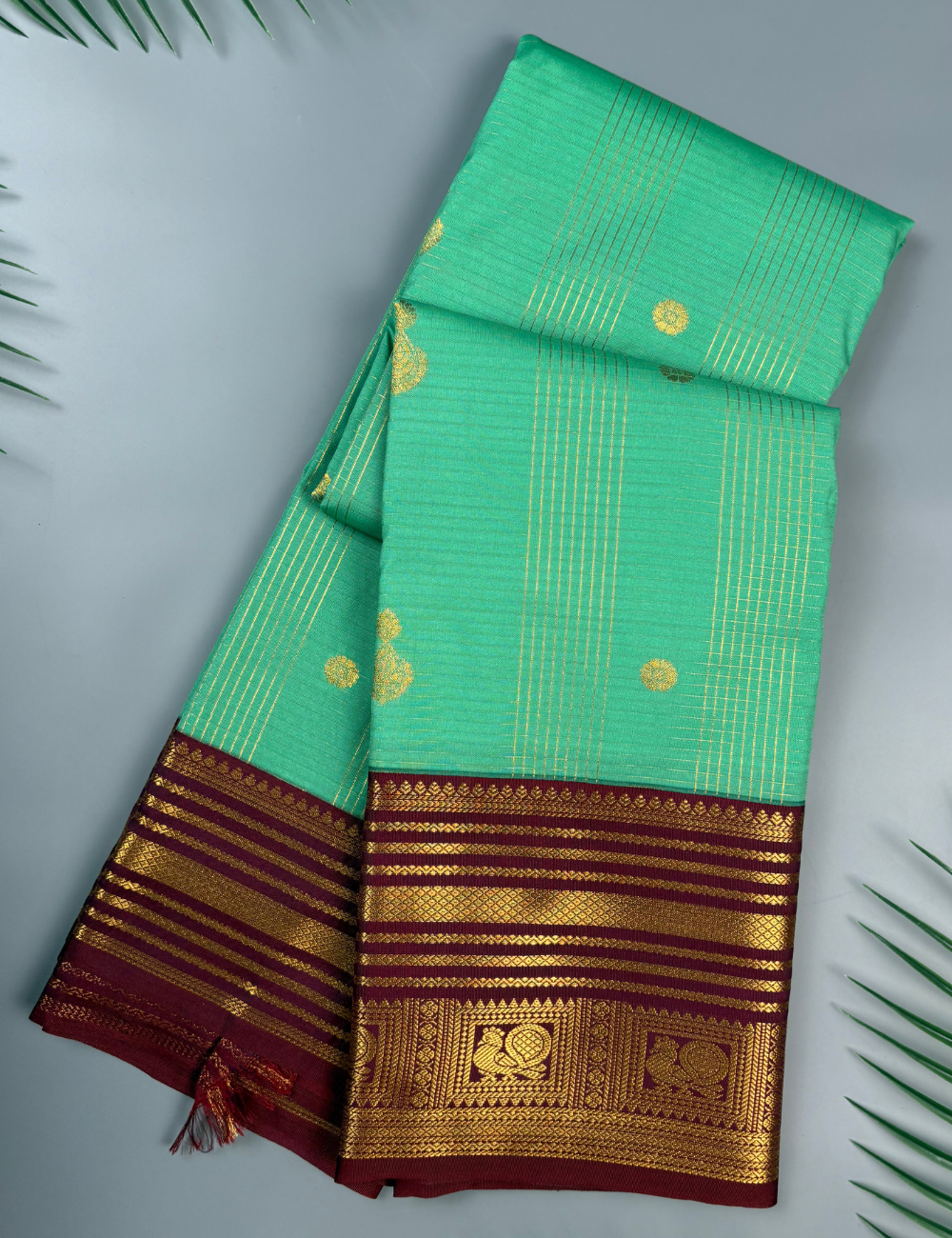Sea Green Soft Semi Silk Kanjivaram Saree with Maroon Korvai Zari Border