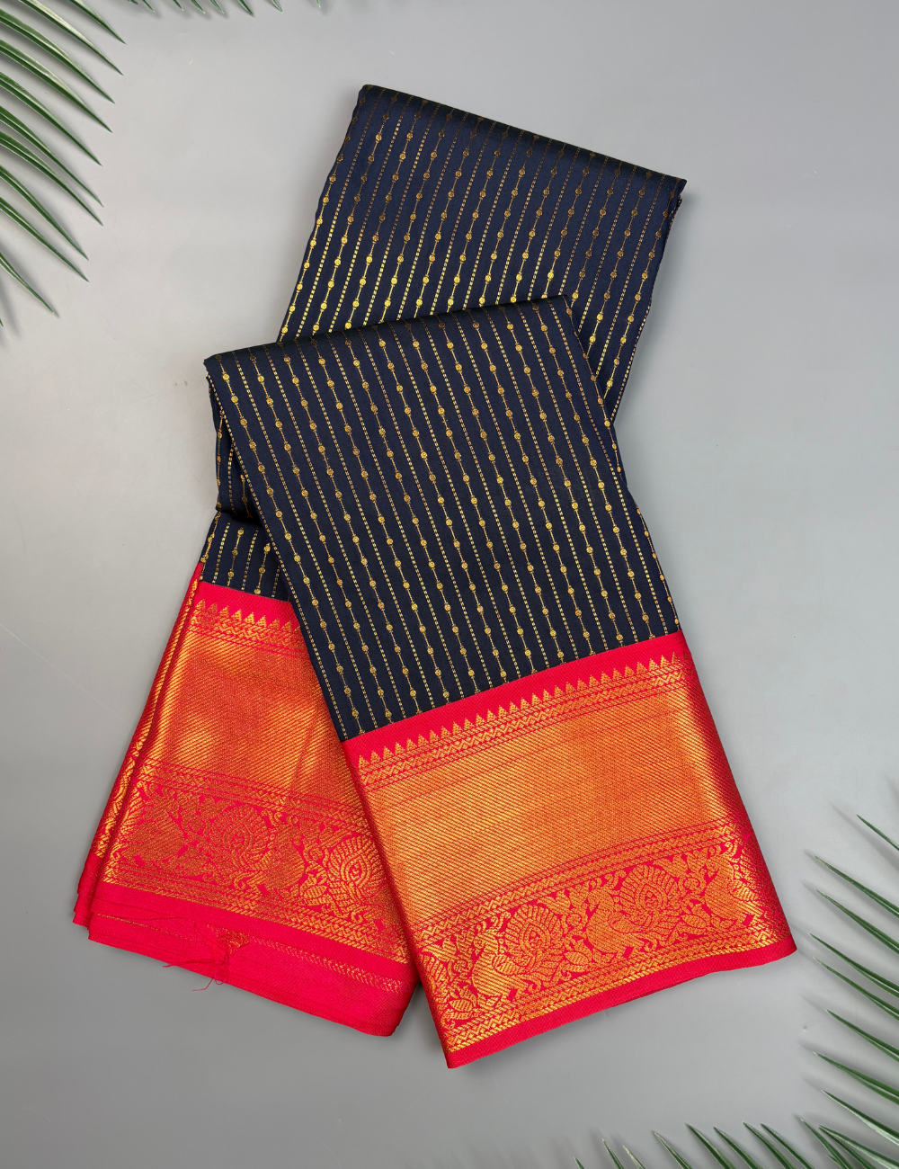 Navy Blue Soft Kanjivaram Semi Silk Saree with Pink Korvai Gold Zari Border