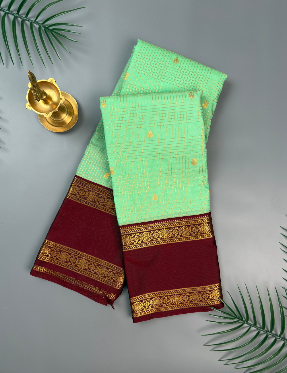 Sea green soft semi silk Kanjivaram Saree with Maroon Korvai Border