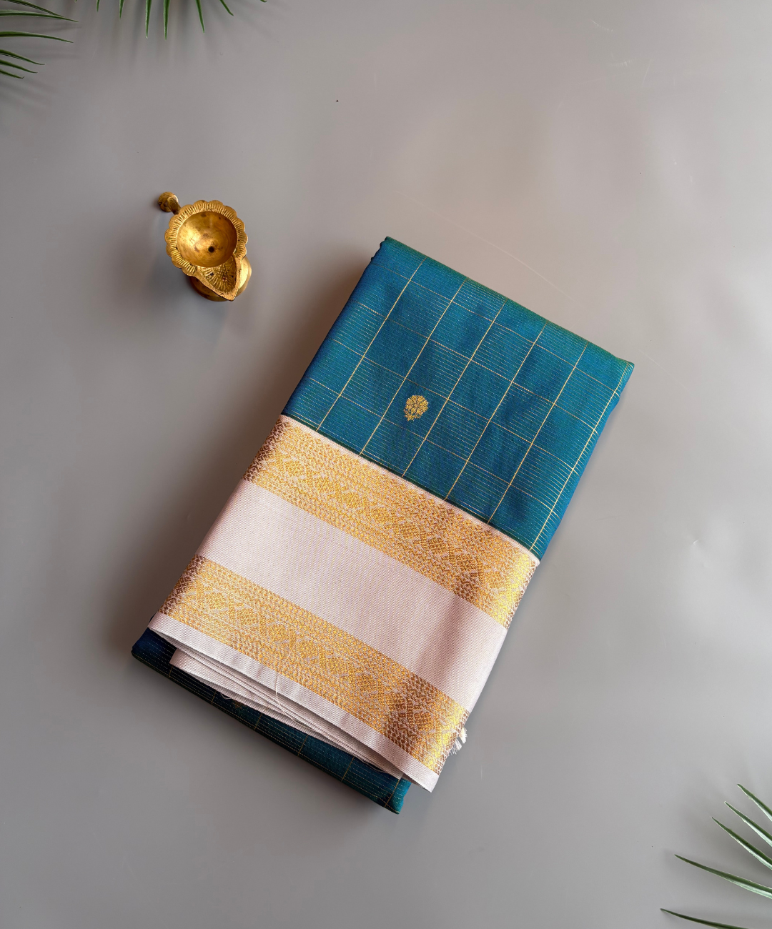 Teal Blue Soft Semi Silk Kanjivaram Saree with off white Border