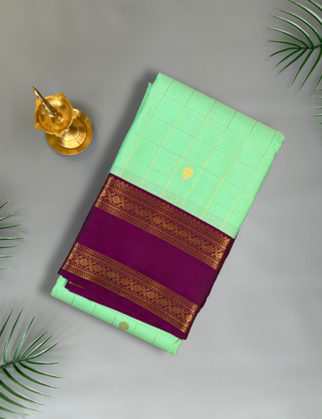 Pastel Mint Green Soft Semi Silk Kanjivaram Saree with Magenta Korvai Zari Border