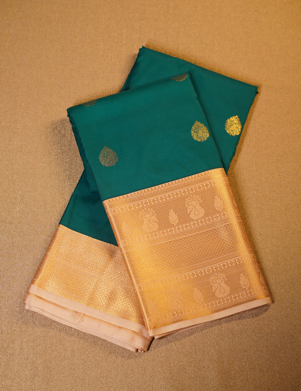 Emerald Green Soft Semi Silk Kanchipuram Saree with Rich Gold Zari Korvai Border