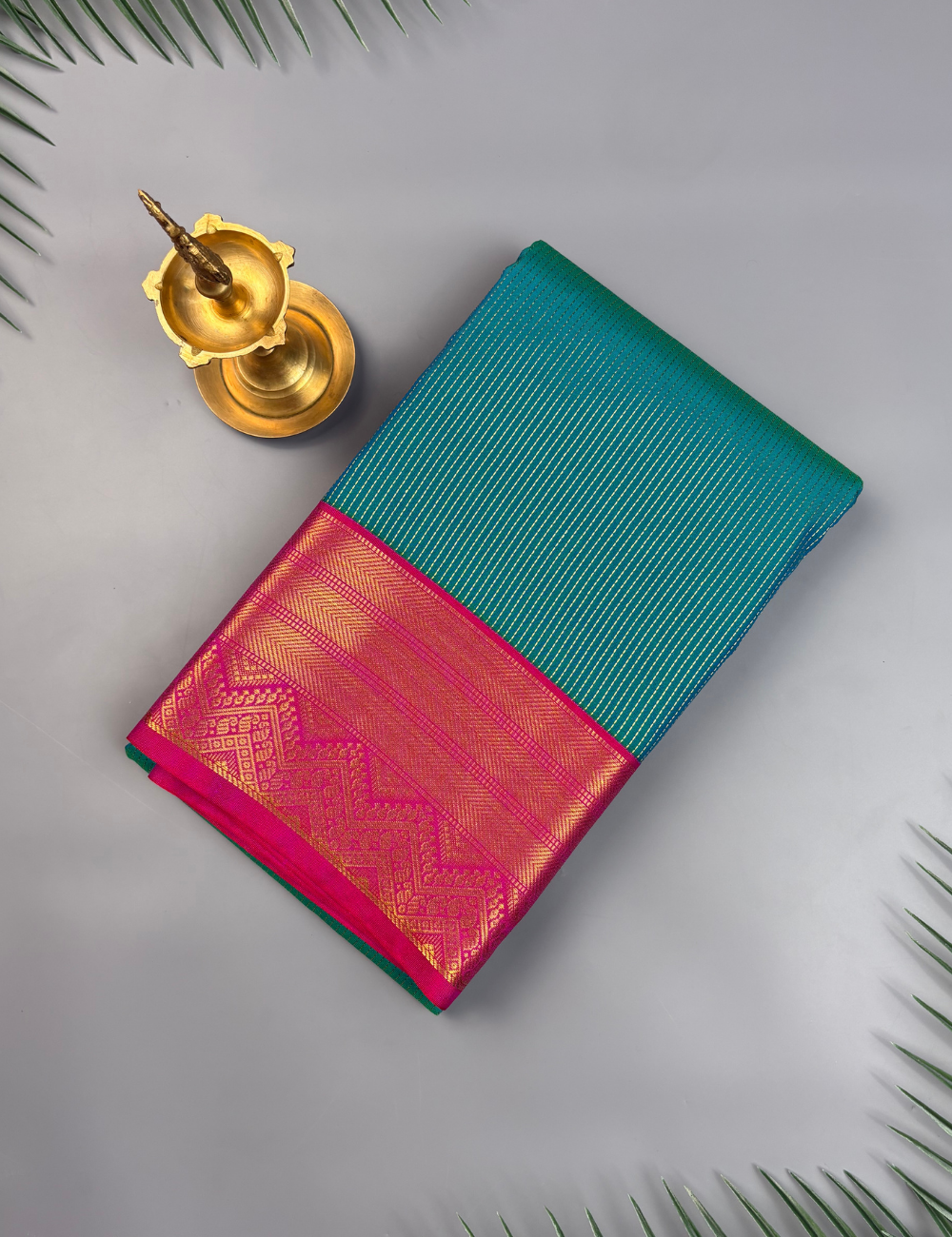 Teal Blue Soft Semi Silk Kanjivaram  Saree with Pink Gold Zari Border