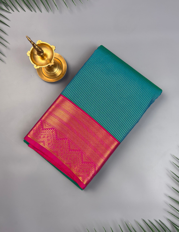 Teal Blue Soft Semi Silk Kanjivaram  Saree with Pink Gold Zari Border