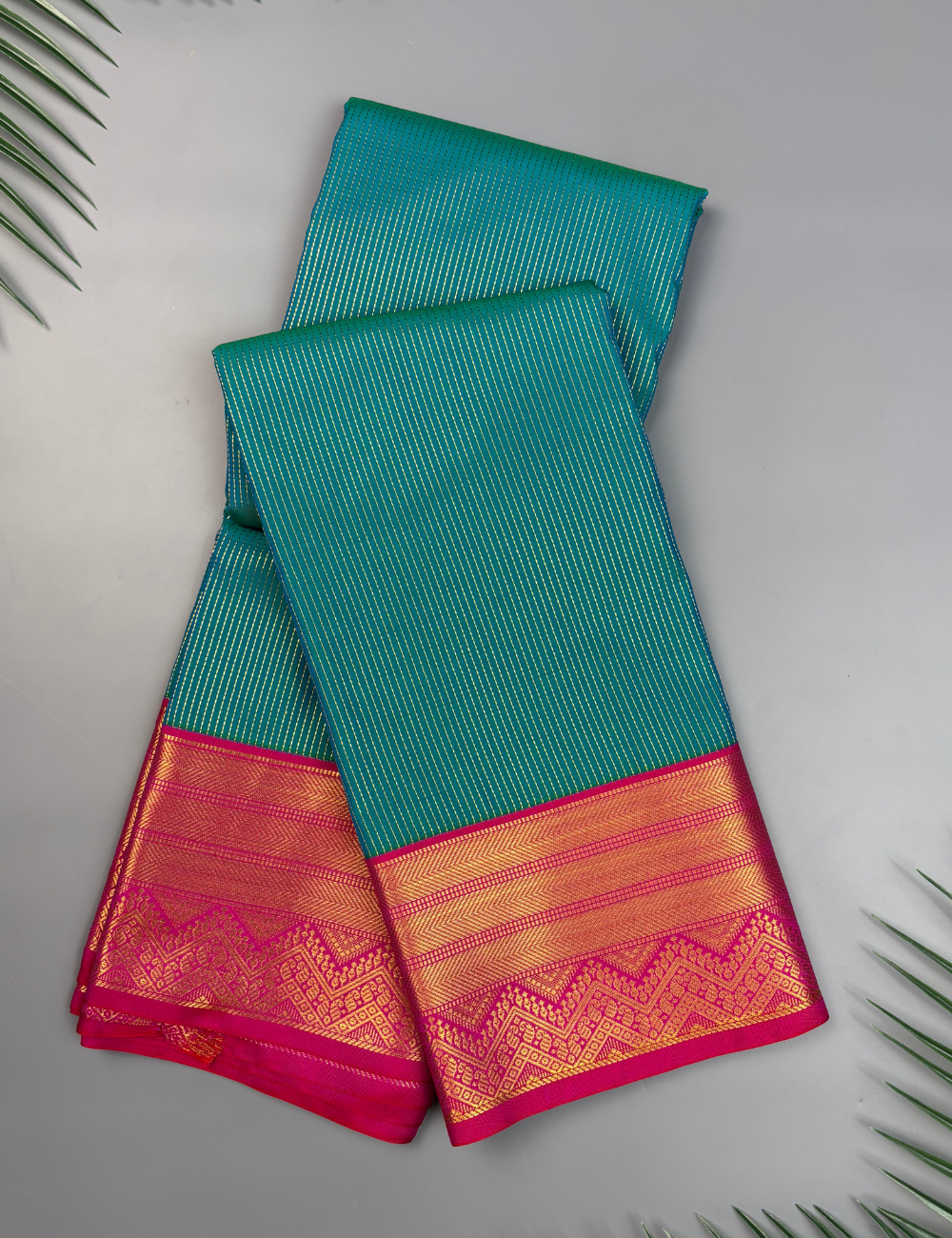 Teal Blue Soft Semi Silk Kanjivaram  Saree with Pink Gold Zari Border