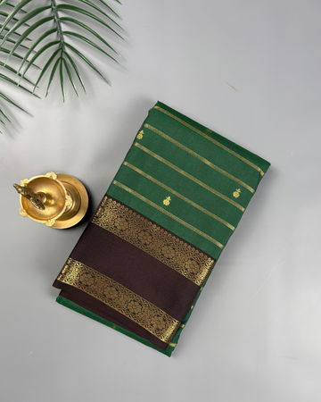 Bottle Green Soft Semi Silk With Korvai Wine Zari Border Saree