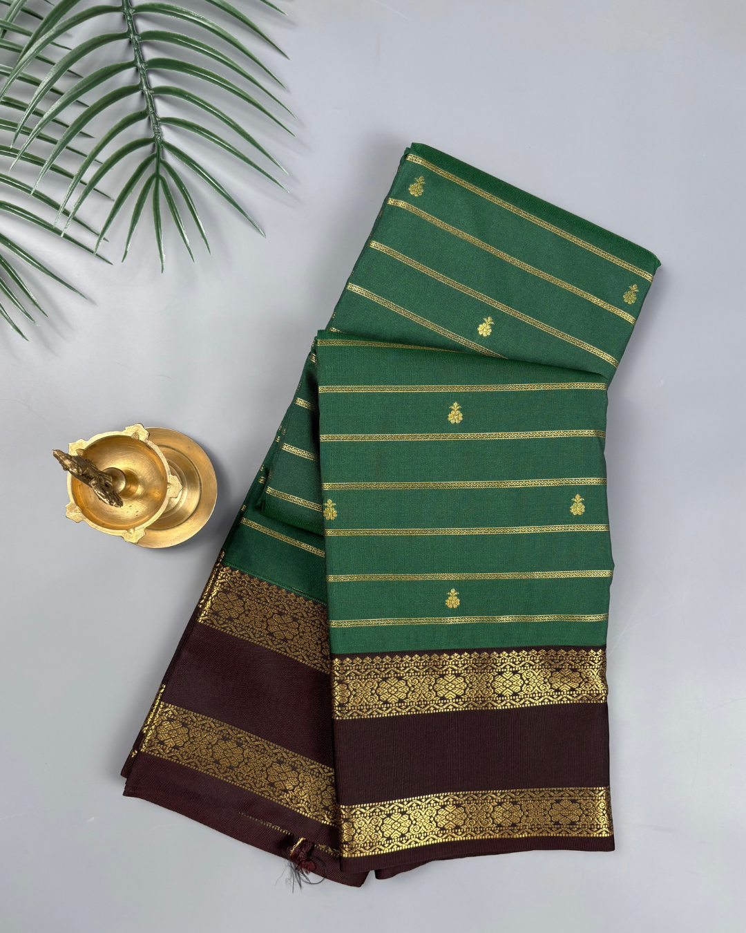 Bottle Green Soft Semi Silk With Korvai Wine Zari Border Saree