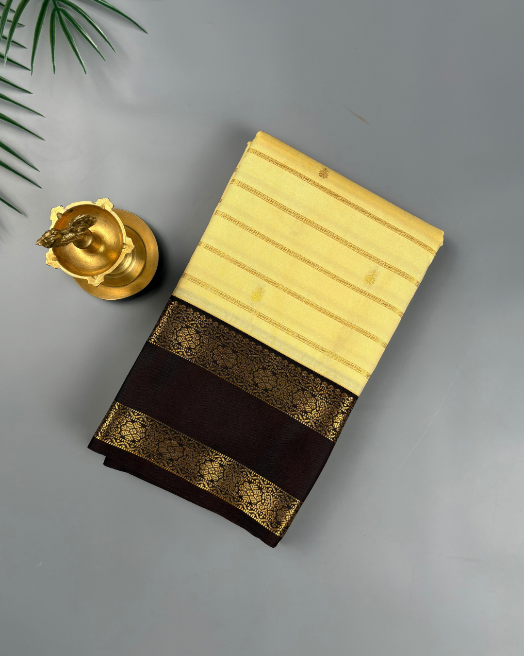 Ivory Butter Yellow Soft Semi Silk Kanjivaram with Korvai Chocolate Brown Saree