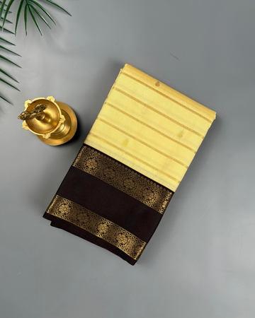 Ivory Butter Yellow Soft Semi Silk Kanjivaram with Korvai Chocolate Brown Saree