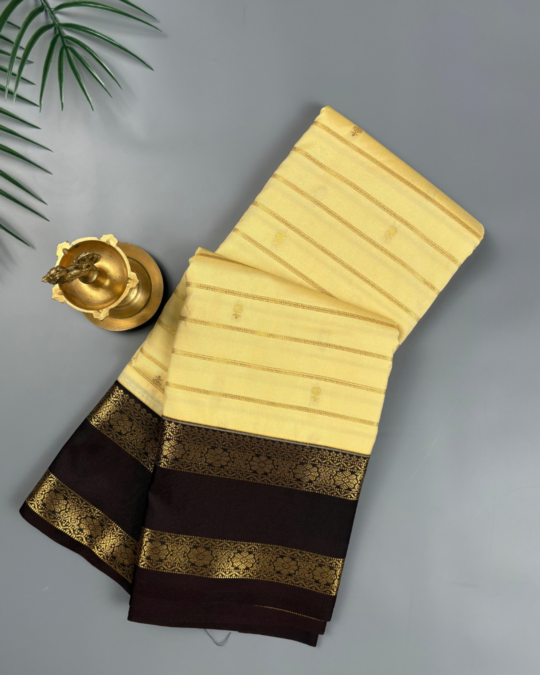 Ivory Butter Yellow Soft Semi Silk Kanjivaram with Korvai Chocolate Brown Saree