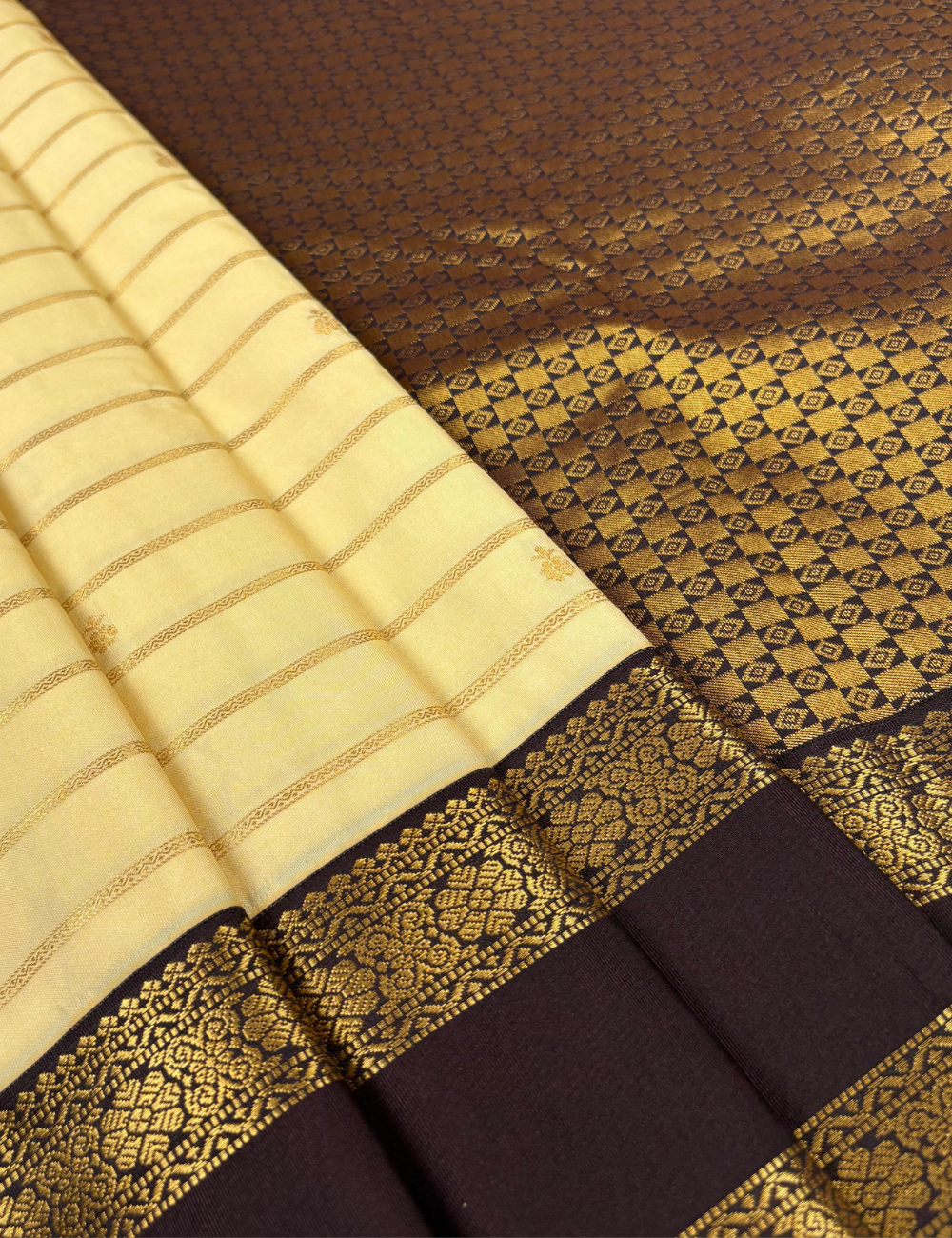 Ivory Butter Yellow Soft Semi Silk Kanjivaram with Korvai Chocolate Brown Saree