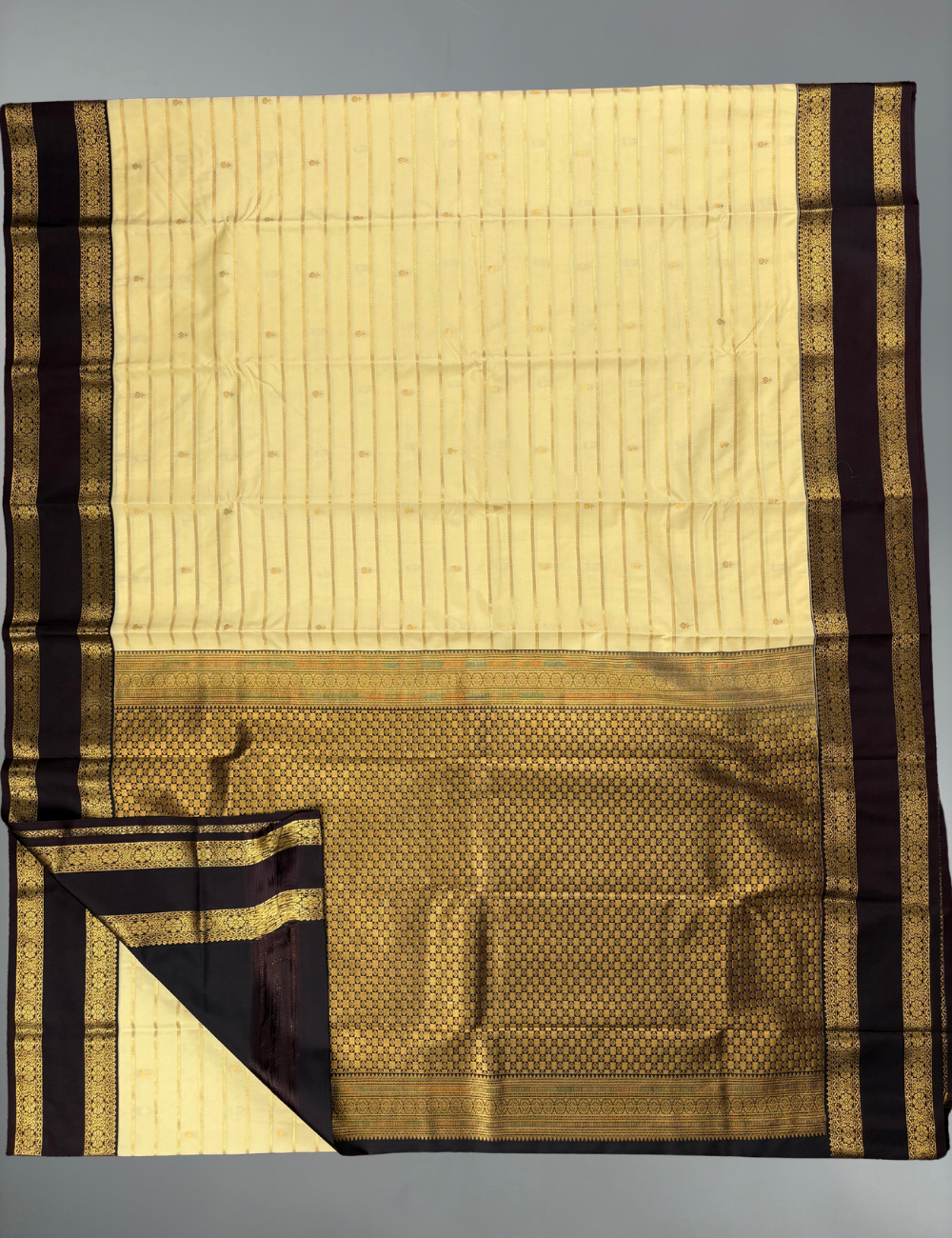 Ivory Butter Yellow Soft Semi Silk Kanjivaram with Korvai Chocolate Brown Saree