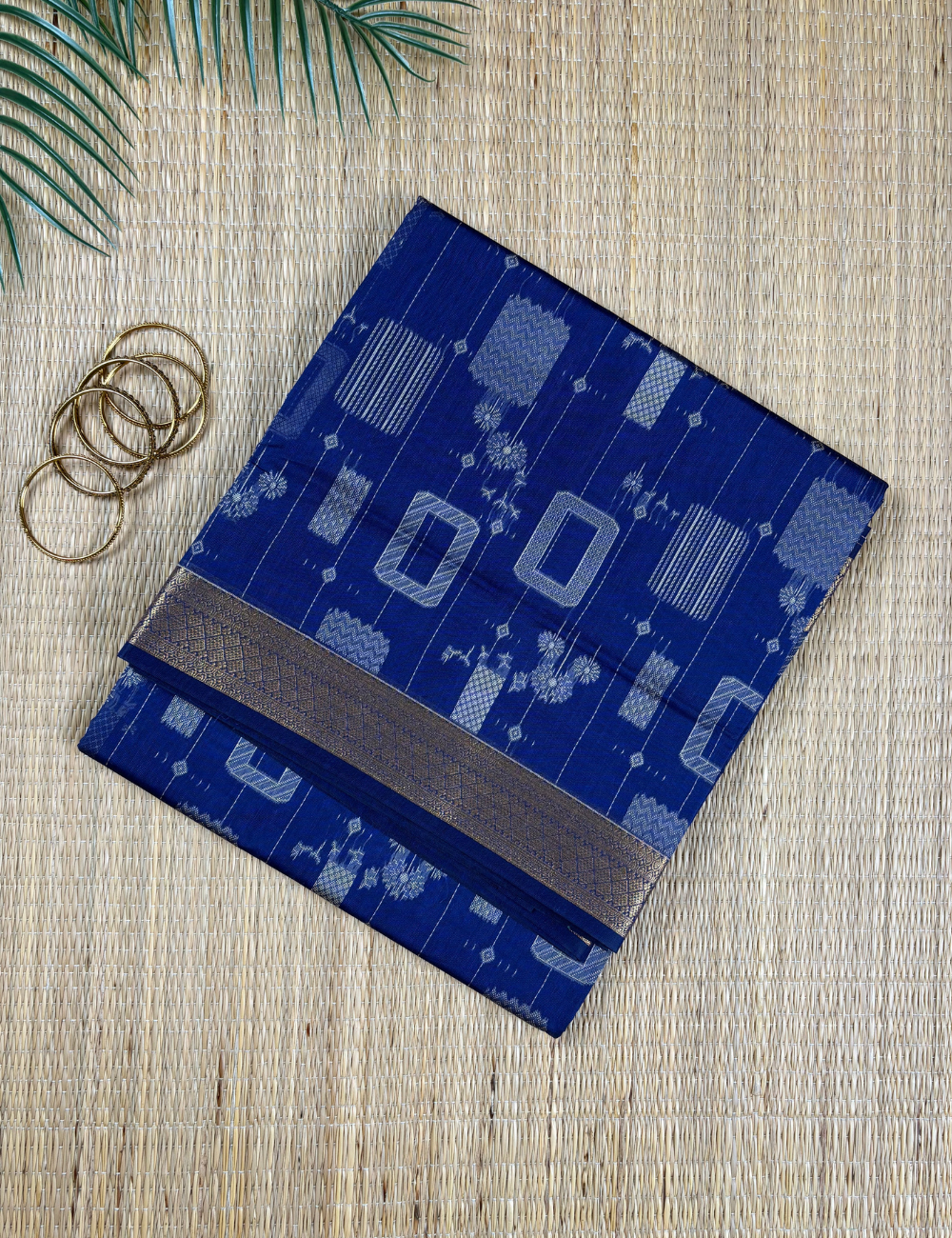 Royal Blue Geometric Aranya  Cotton Saree with Gold Zari Border