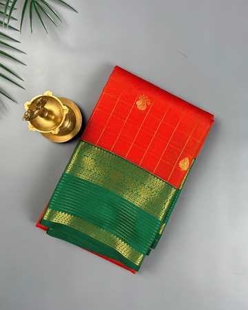 Vermilion Orange Soft Semi Silk Kanjivaram style Saree with Emerald Green Border