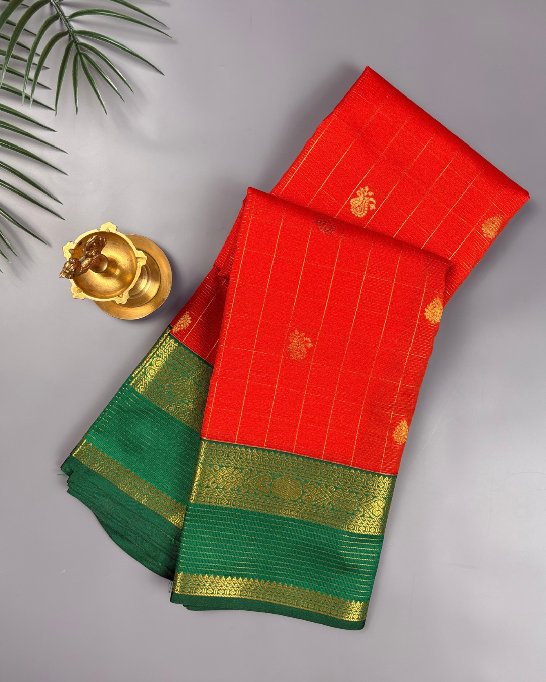 Vermilion Orange Soft Semi Silk Kanjivaram style Saree with Emerald Green Border