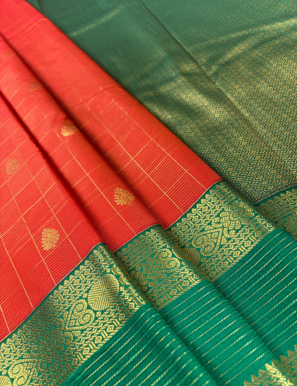 Vermilion Orange Soft Semi Silk Kanjivaram style Saree with Emerald Green Border