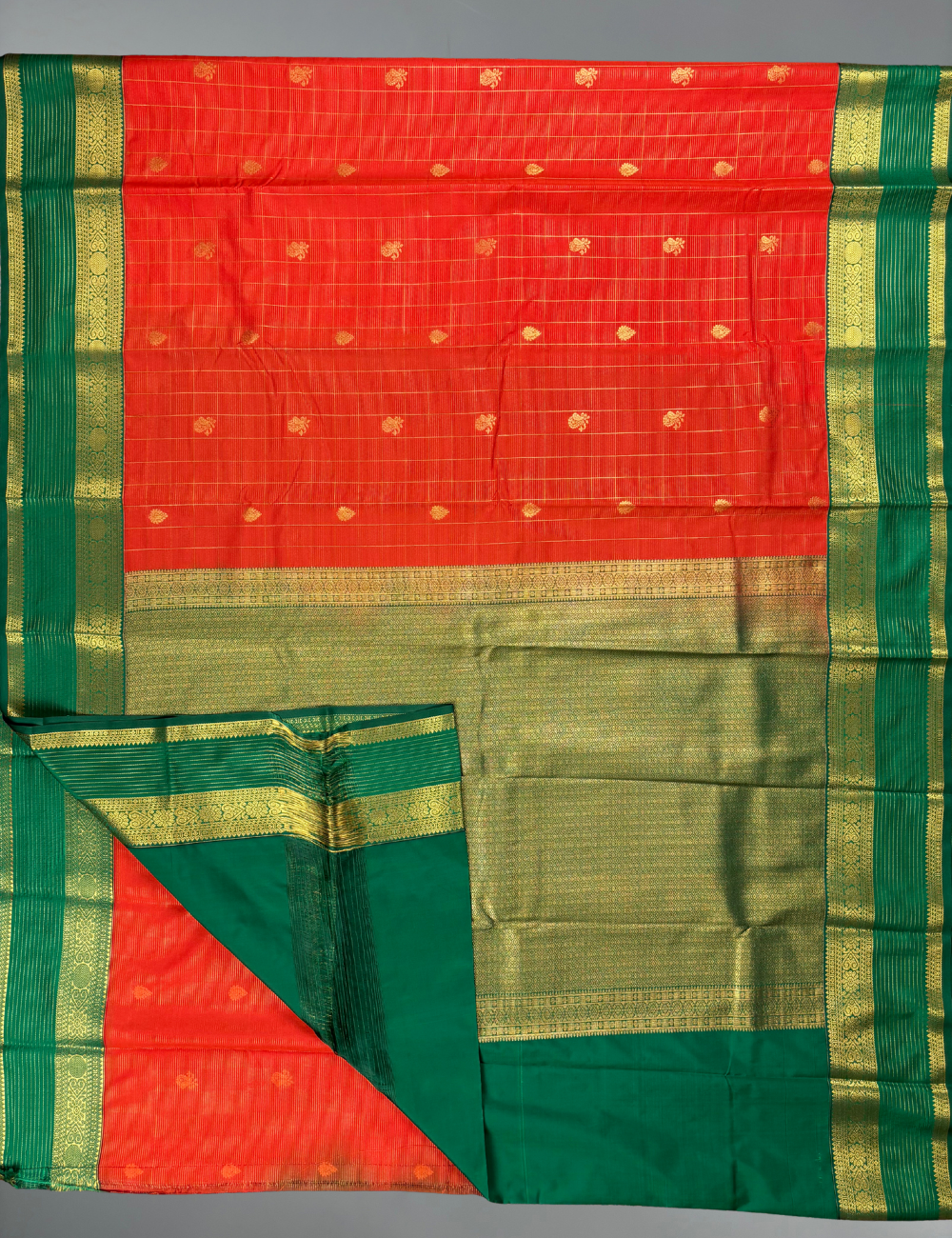 Vermilion Orange Soft Semi Silk Kanjivaram style Saree with Emerald Green Border