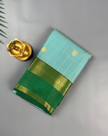 Sky Blue Soft Semi Silk Kanjivaram-style Saree with Emerald Green Border