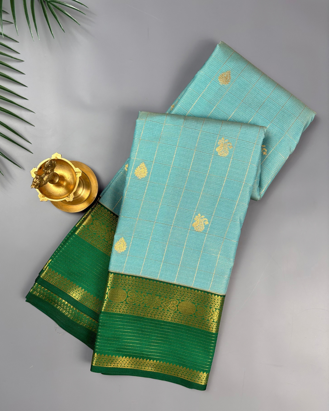 Sky Blue Soft Semi Silk Kanjivaram-style Saree with Emerald Green Border