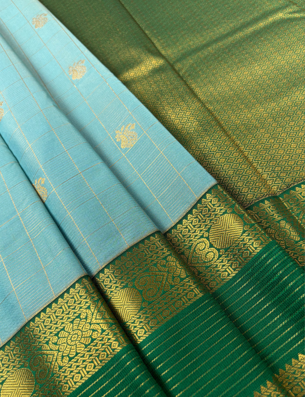 Sky Blue Soft Semi Silk Kanjivaram-style Saree with Emerald Green Border