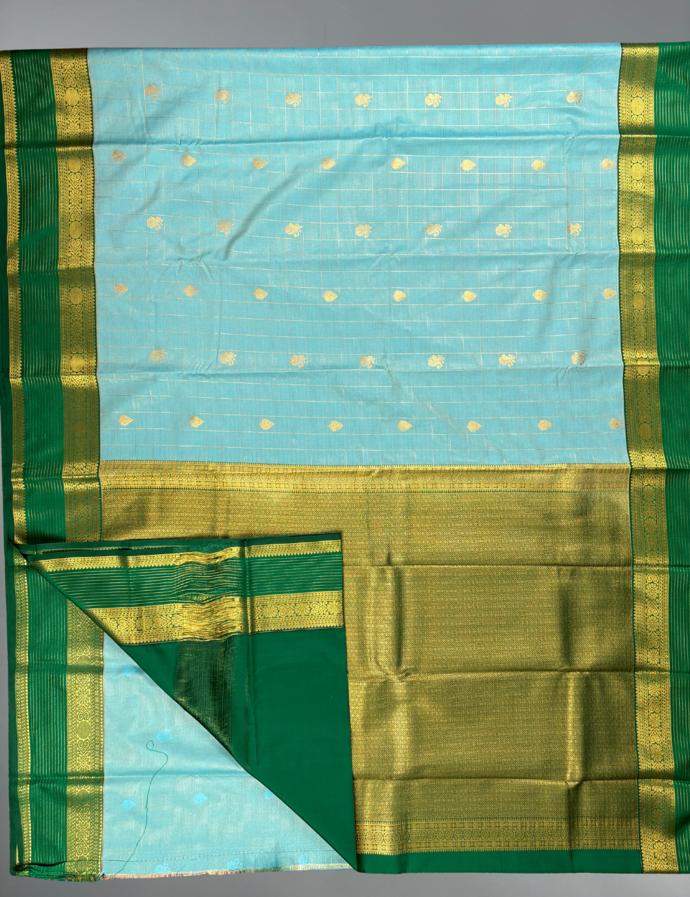 Sky Blue Soft Semi Silk Kanjivaram-style Saree with Emerald Green Border