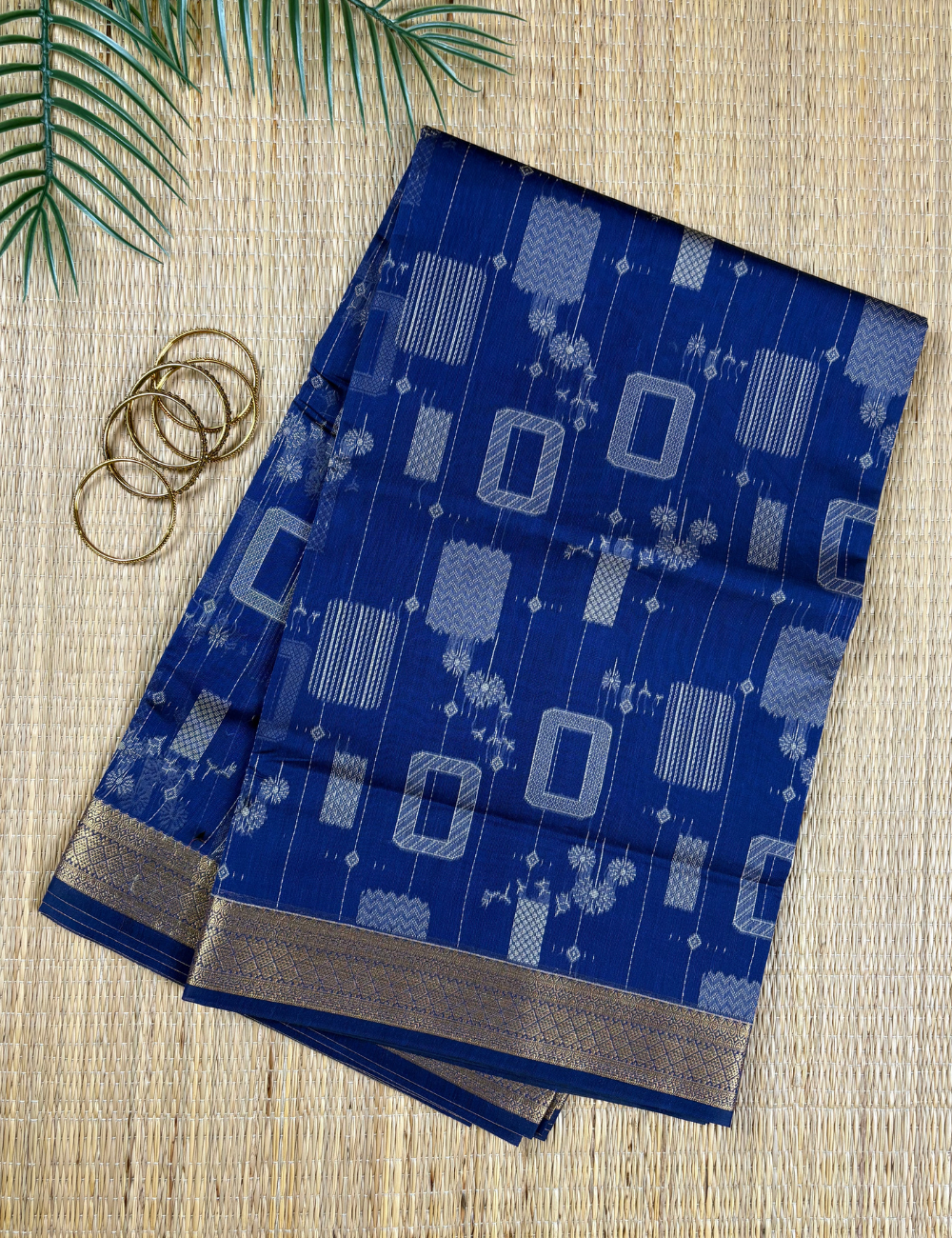 Royal Blue Geometric Aranya  Cotton Saree with Gold Zari Border