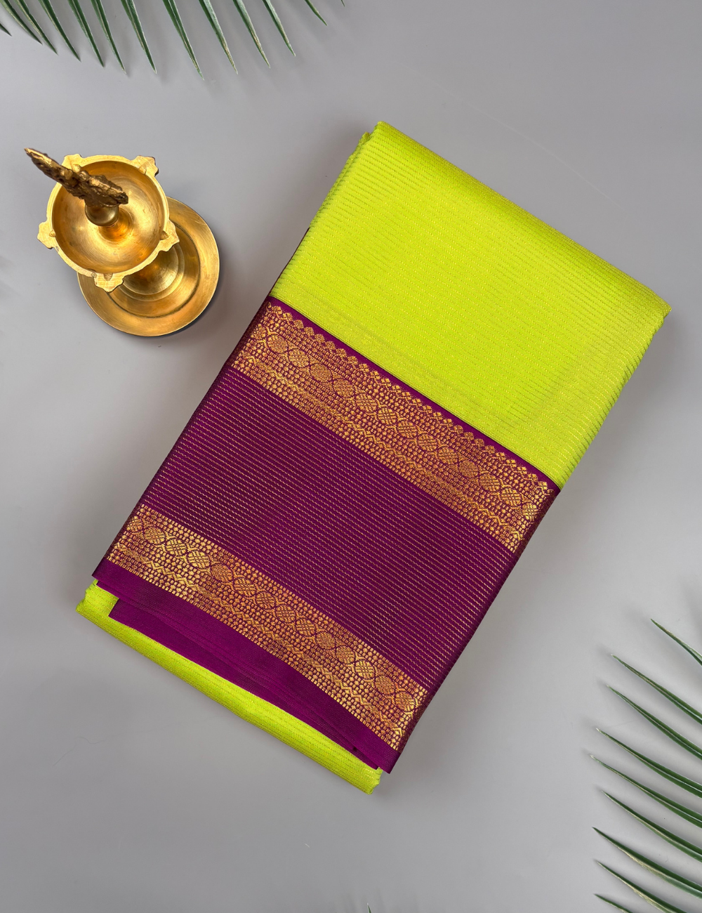 Lime Green Soft Kanjivaram Semi Silk Saree with Wine Purple Gold Zari Border