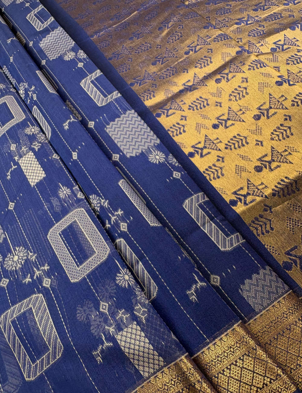 Royal Blue Geometric Aranya  Cotton Saree with Gold Zari Border