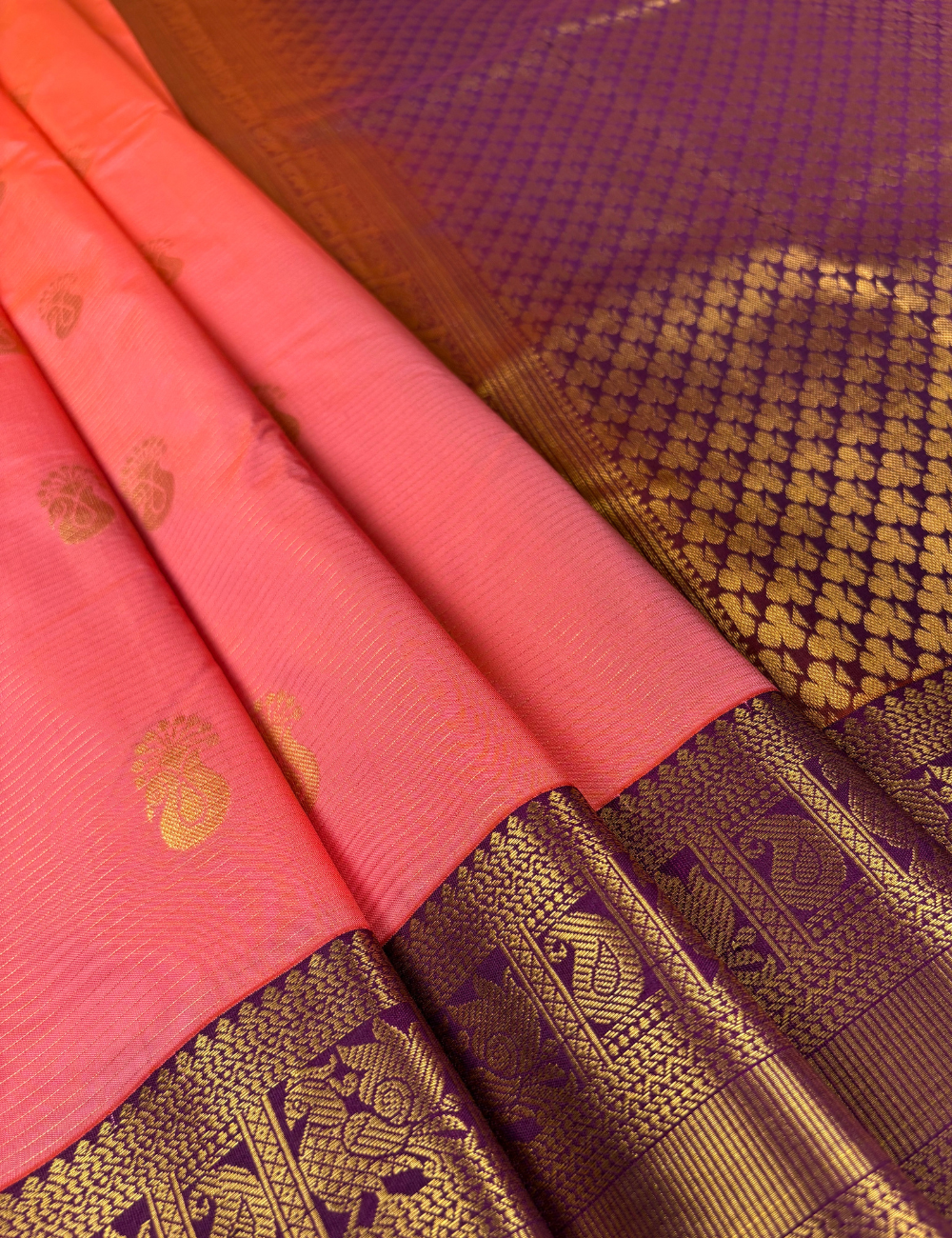Coral Pink Soft Semi Silk Kanjivaram with Korvai Royal Purple Border Saree