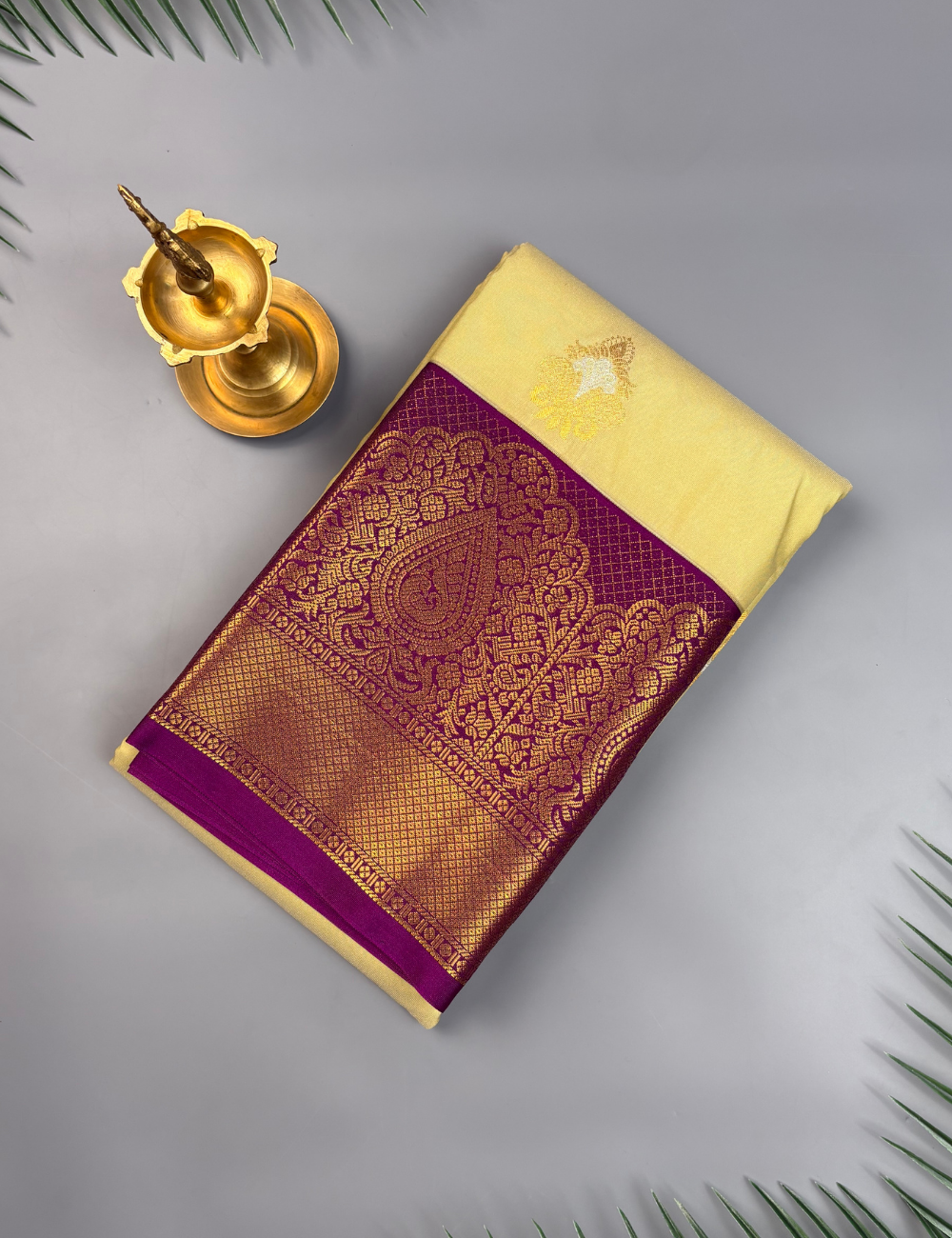 Ivory Soft Semi Silk Kanjivaram Saree with Korvai Magenta Border